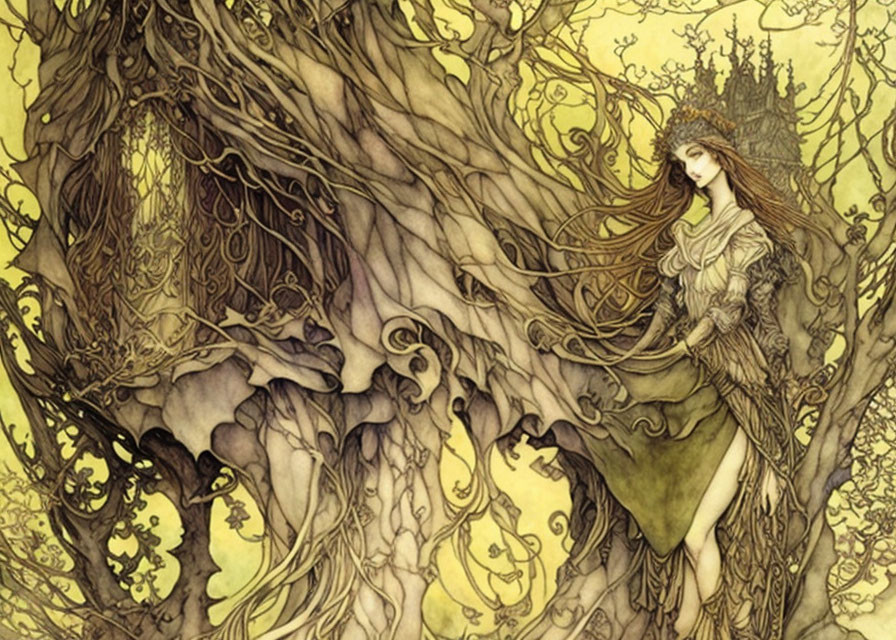 Art Nouveau Style Woman Illustration with Swirling Tree Branches