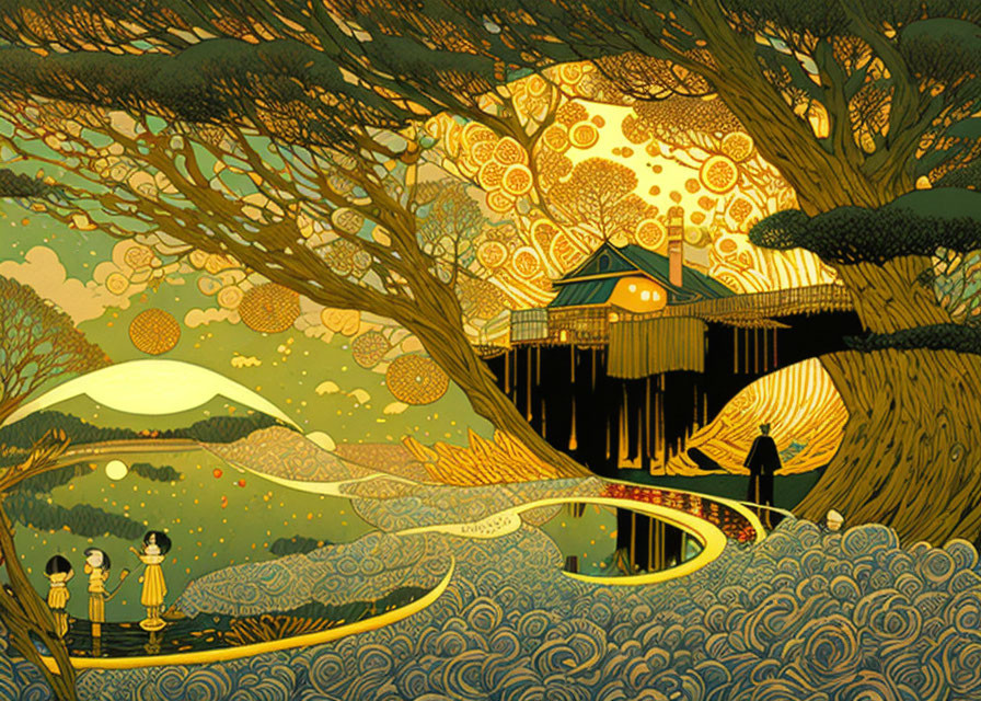 Children by river with whimsical treehouse and golden trees under crescent moon