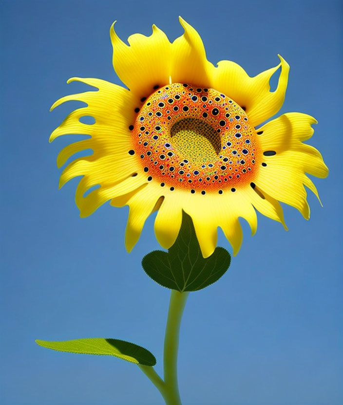 Colorful Sunflower on Blue Background with Spiral Pattern Center