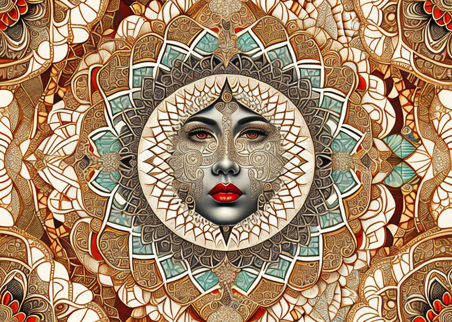 Symmetrical Earthy Mandala with Female Face Centerpiece