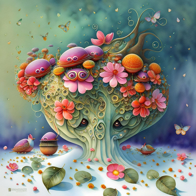 Colorful whimsical tree with creatures and flowers against soft backdrop