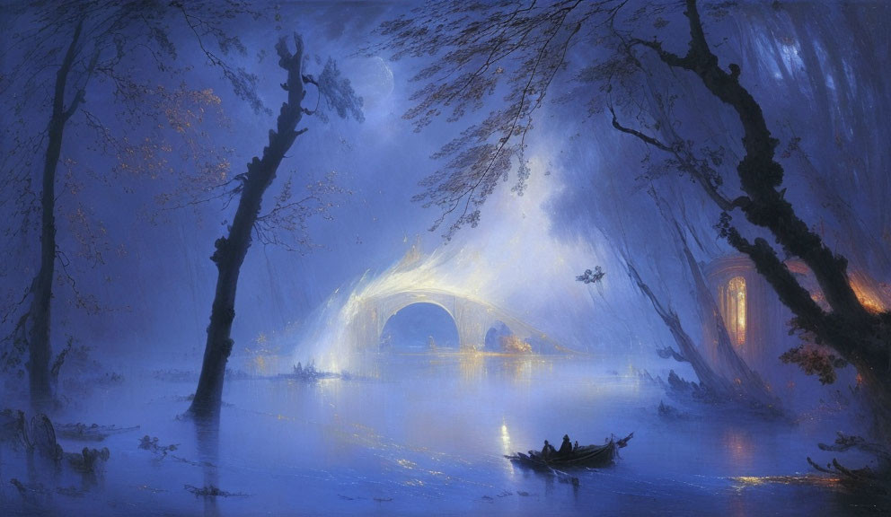 Mystical blue forest with moonlit river, stone bridge, boat, and glowing cabin