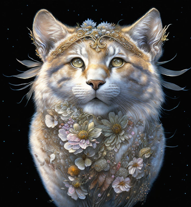 Adorned cat with crown and floral collar on starry backdrop