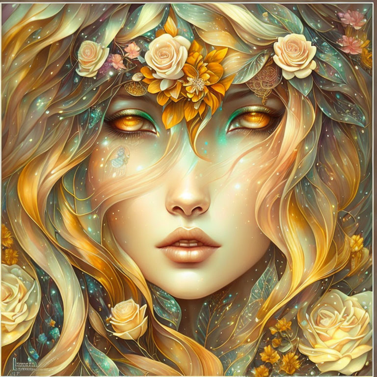 Illustration of Woman with Golden Hair and Flowers in Mystical Glow