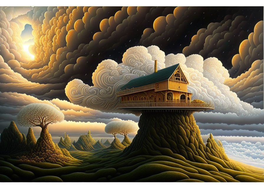 Surreal landscape with house on tall mound and stylized trees.