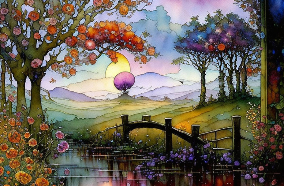 Colorful Watercolor Landscape: Flowers, Bridge, River, Hills, Sunset Sky