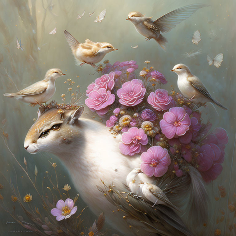 Fantasy Artwork: Serene Deer with Pink Flower Crown in Ethereal Scene