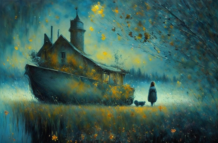 Person and dog by ship-shaped house in mystical blue field with yellow flowers under starry sky