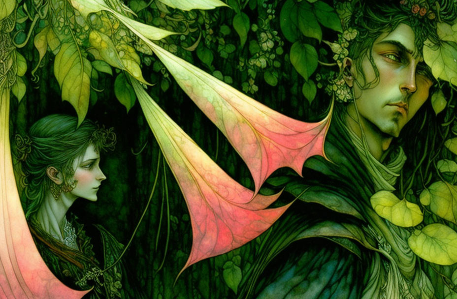 Ethereal beings in lush green foliage ambiance