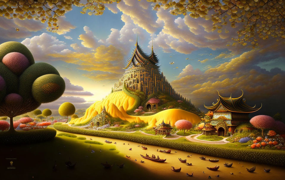 Colorful castle on hill with whimsical trees and river boats