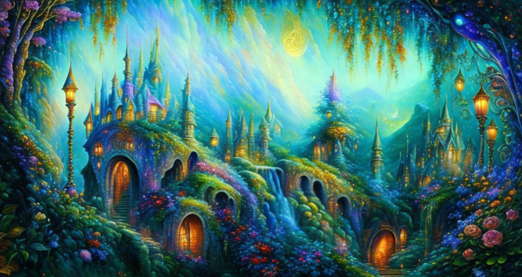 Fantastical landscape with enchanted castle, lush forests, glowing lamps, and mystical sky.