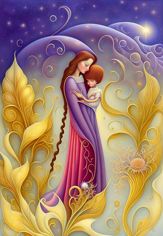 Illustration: Mother and child in golden plants under starry sky