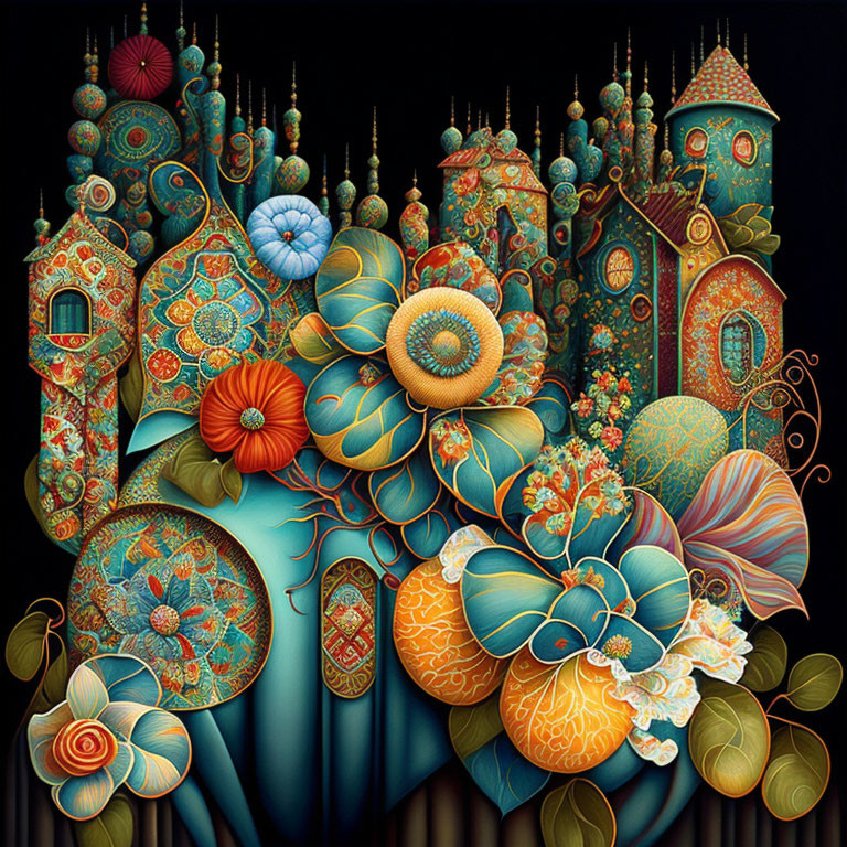 Detailed Artwork with Stylized Floral and Architectural Elements in Blue and Orange Tones