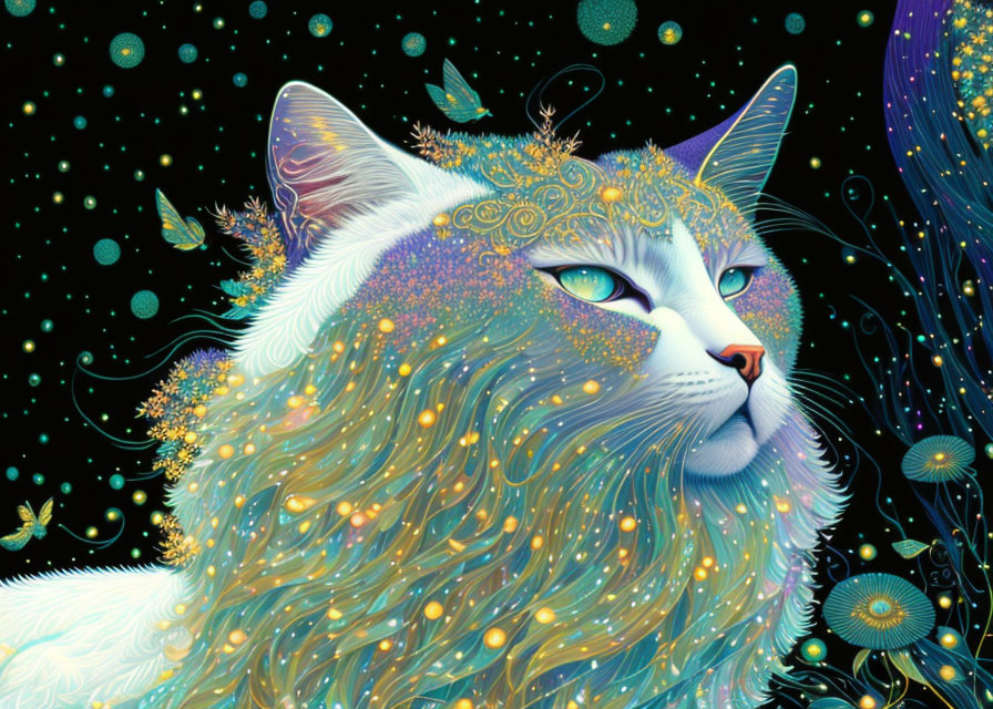 Cosmic-themed cat illustration with intricate patterns