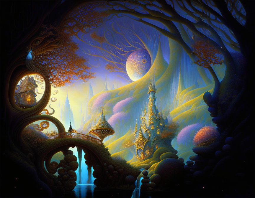 Fantastical landscape with glowing trees, ornate bridge, moon, and intricate towers.