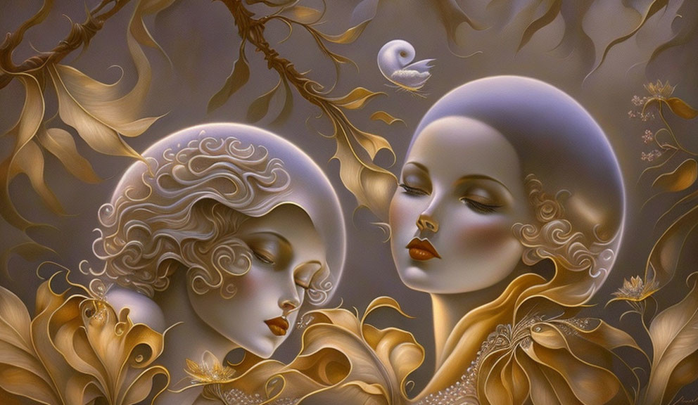 Surreal artwork: Stylized female faces, swan, golden leaves, ethereal details