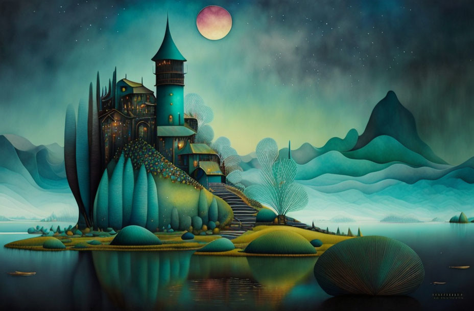 Fantastical castle illustration with spire, hills, moonlit sky, and river