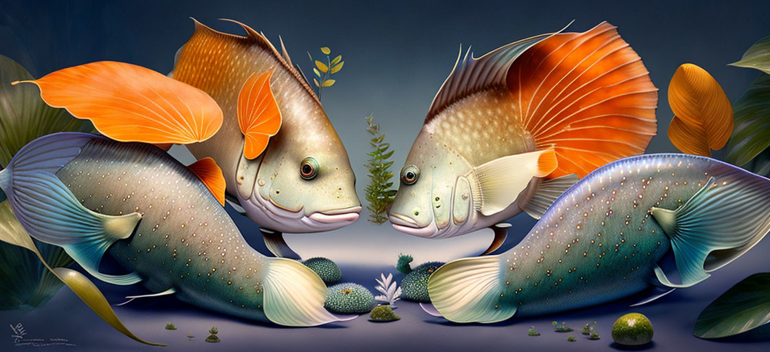 Colorful Stylized Fish Among Underwater Flora and Moody Backdrop