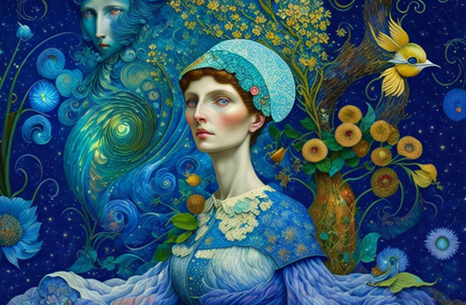 Surreal portrait of a woman with blue tones and cosmic background