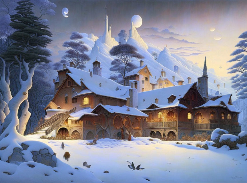 Snow-covered trees, cozy house, moons, mountains - Winter Scene Art.