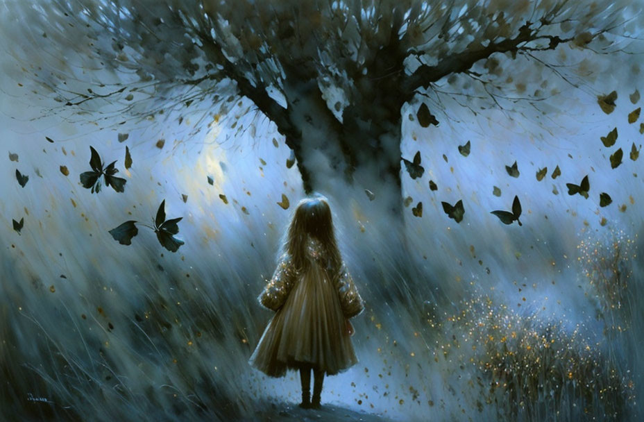 Young girl in dress under mystical tree with butterflies in enchanted forest scene