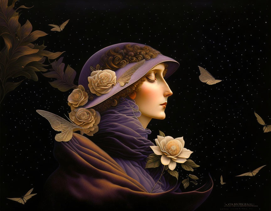 Portrait of Woman in Purple Garment with Starry Background