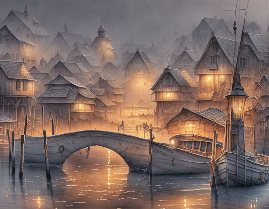 Misty village by water with boats, warm lights, and old houses