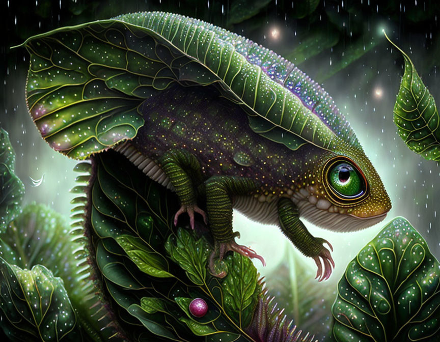 Colorful chameleon illustration blending with green foliage in the rain