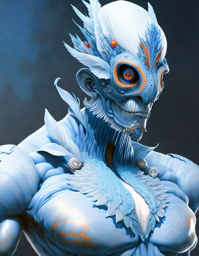 Blue-skinned fantastical creature with white feathers and ornate patterns