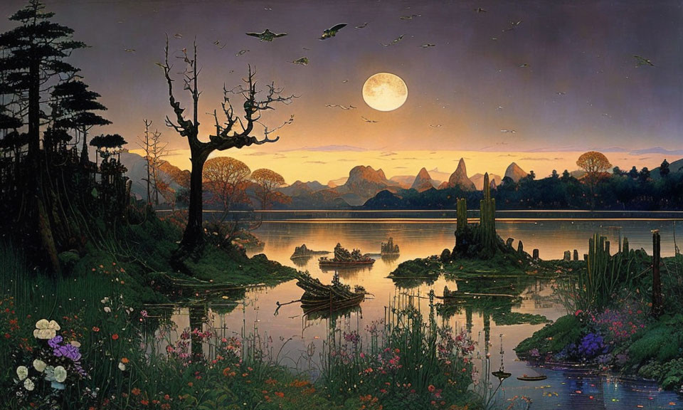 Tranquil dusk landscape with full moon, calm lake, lush vegetation, blooming flowers & sil