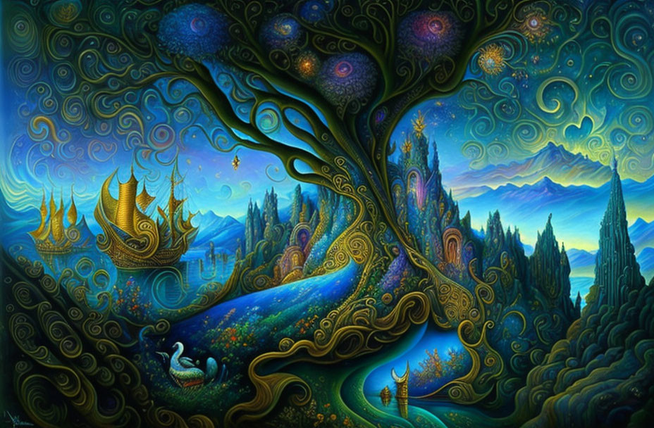 Mystical landscape with swirling tree, ethereal mountains, ships, and whimsical creatures