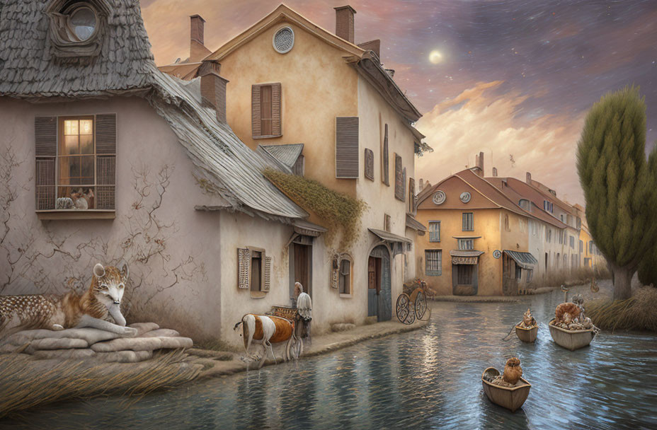 European-style village scene with canal, rowing boats, cow milking, owl, starry sky