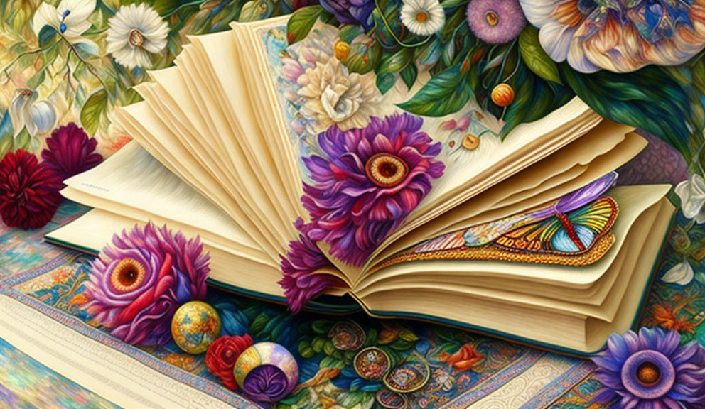 Colorful illustrated flowers and butterfly in open book with ornate floral patterns