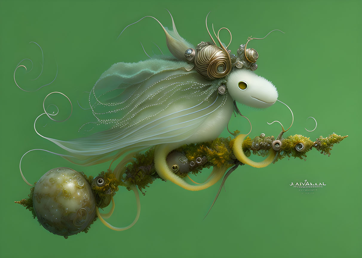 Fantasy creature with fish-like body and snail shell adornments.