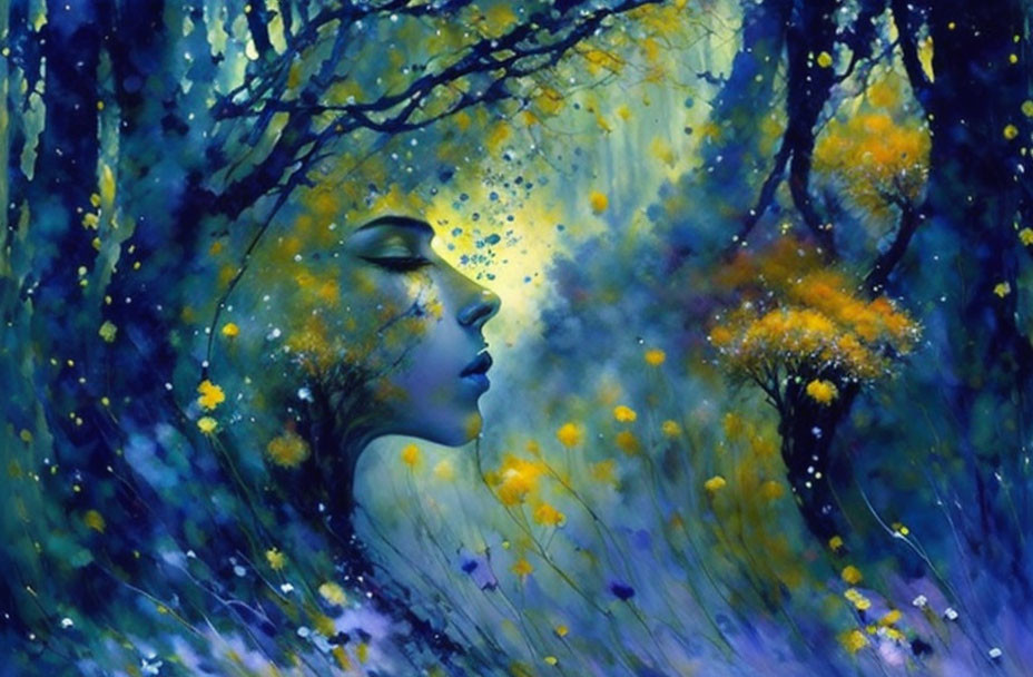 Surreal woman's profile in mystical blue forest with yellow blooms