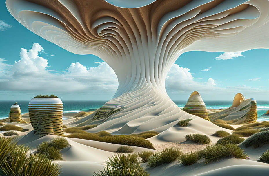 Surreal desert landscape with giant tree and dune formations