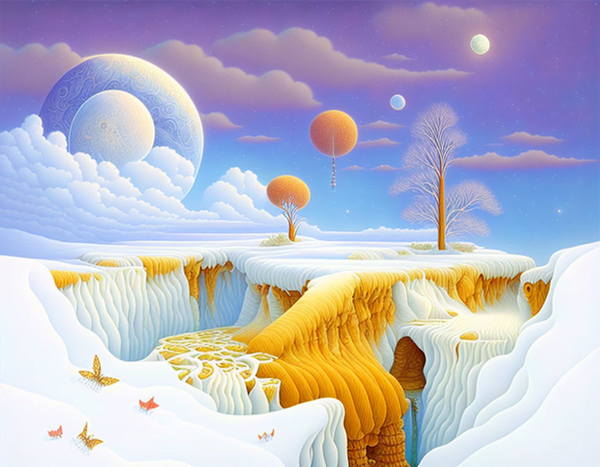 Snow-covered cliffs, golden waterfalls, floating islands, large moon - surreal landscape with pastel sky