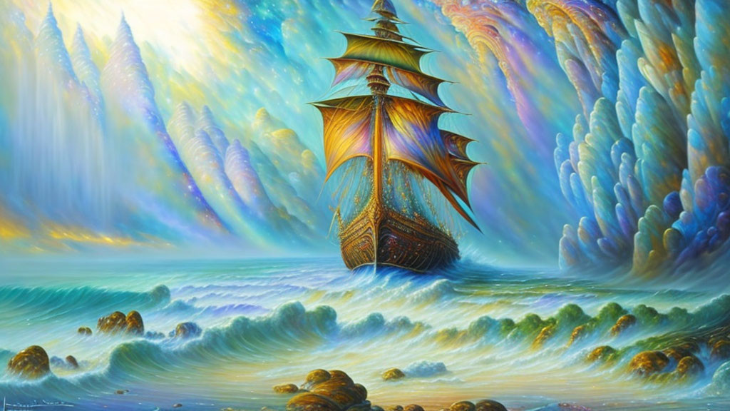 Vibrant painting of grand ship sailing on colorful sea under unique sky