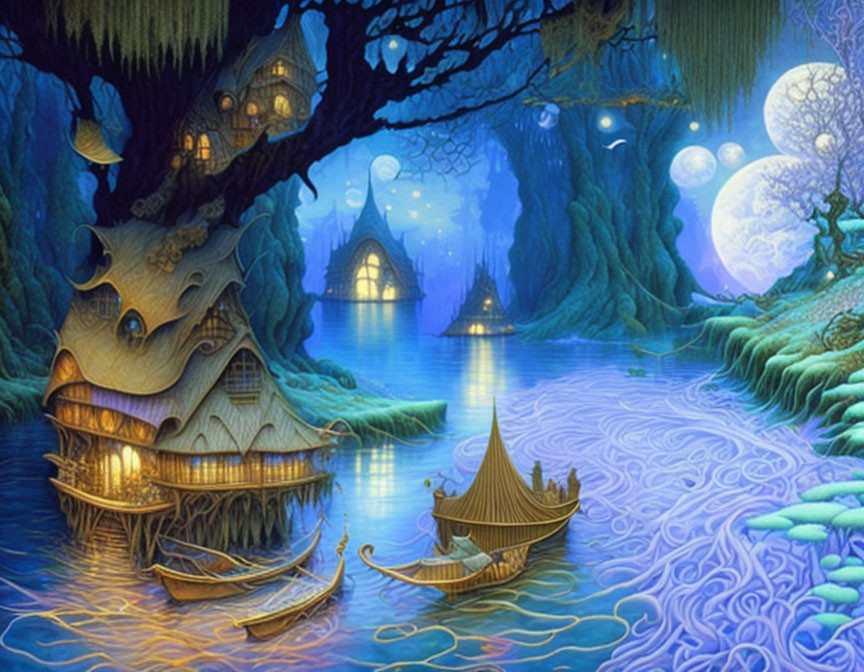 Fantasy landscape with whimsical treehouses, river, boat, and two moons