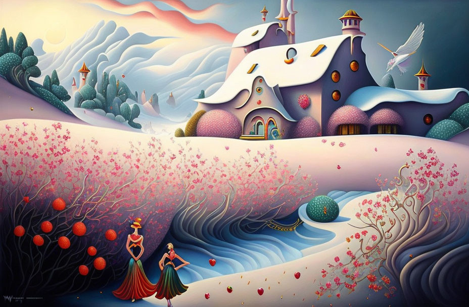 Stylized snowy hills, fantastical castle, elegant figures, vibrant trees in whimsical landscape