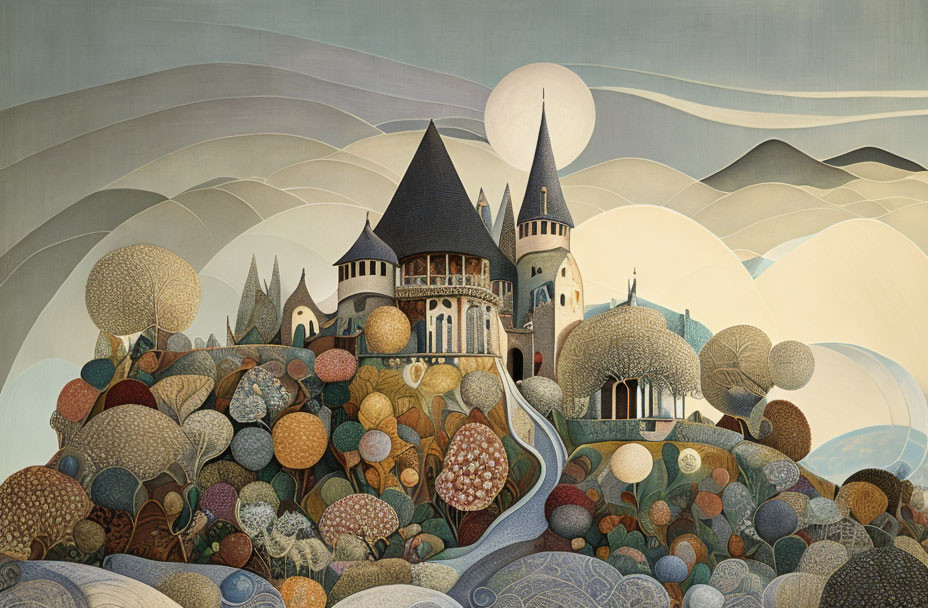 Whimsical castle on colorful hill with moon and waves