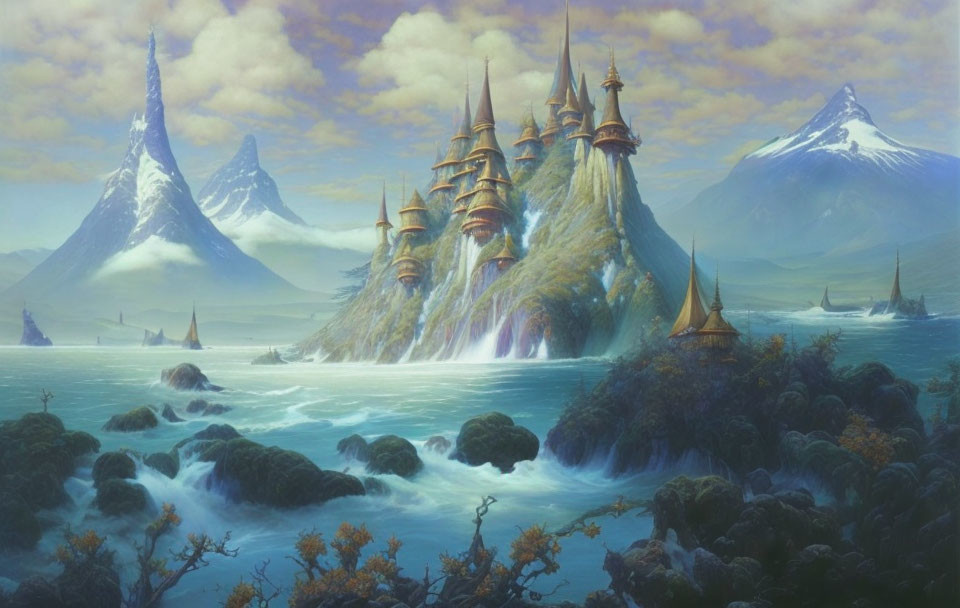 Fantasy landscape with towering spires, waterfalls, mossy islets, and distant mountains.