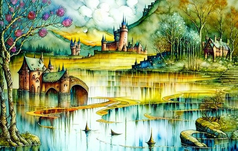 Colorful Fantasy Landscape Painting with Castles, Trees, River, and Bridges