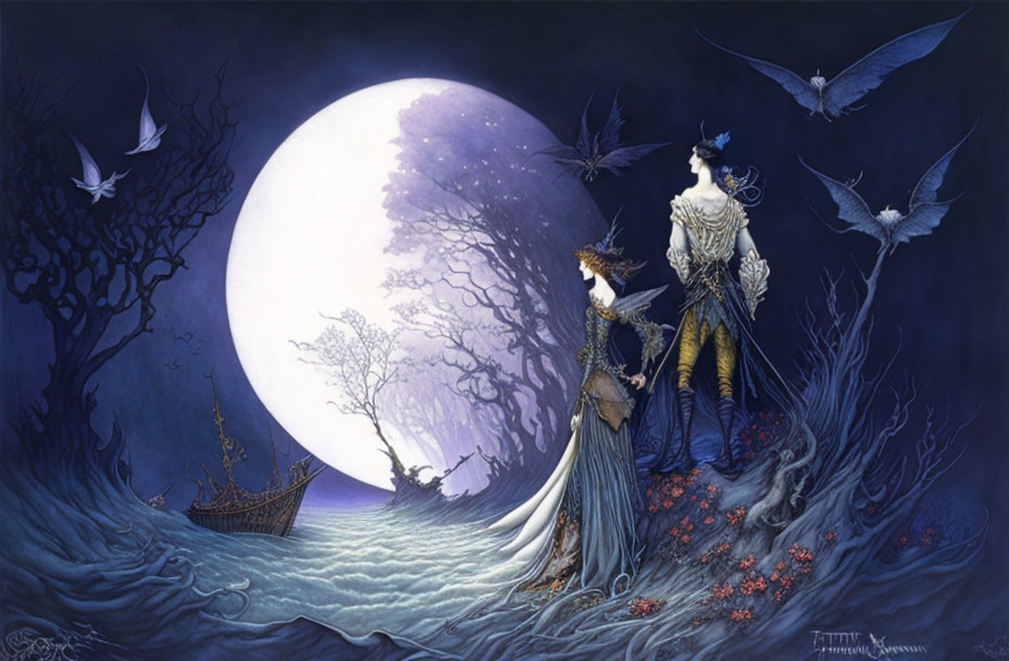 Elegantly Dressed Figures by Moonlit Sea with Bats and Shipwreck