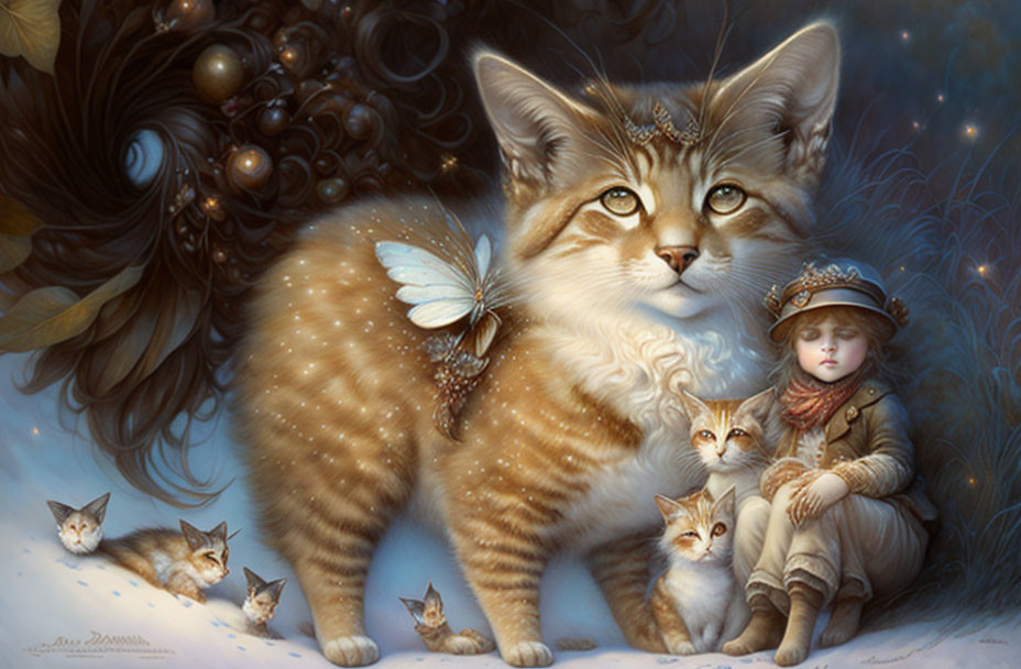 Whimsical painting of large cat with butterfly, tiny human, and star-lit scene