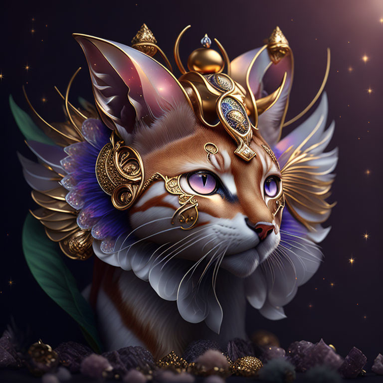 Majestic fantasy cat with golden jewelry and feather wings on starry background