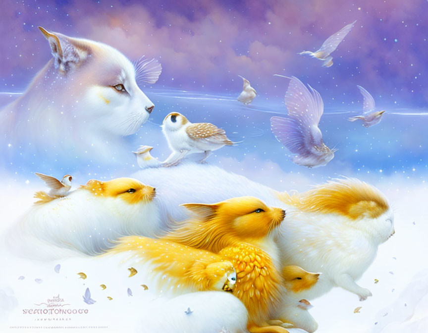 Fantastical white and golden fox-like creatures with owl elements in celestial painting.