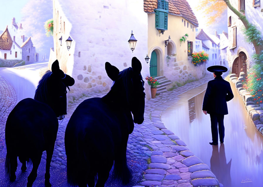 Horses and man in black