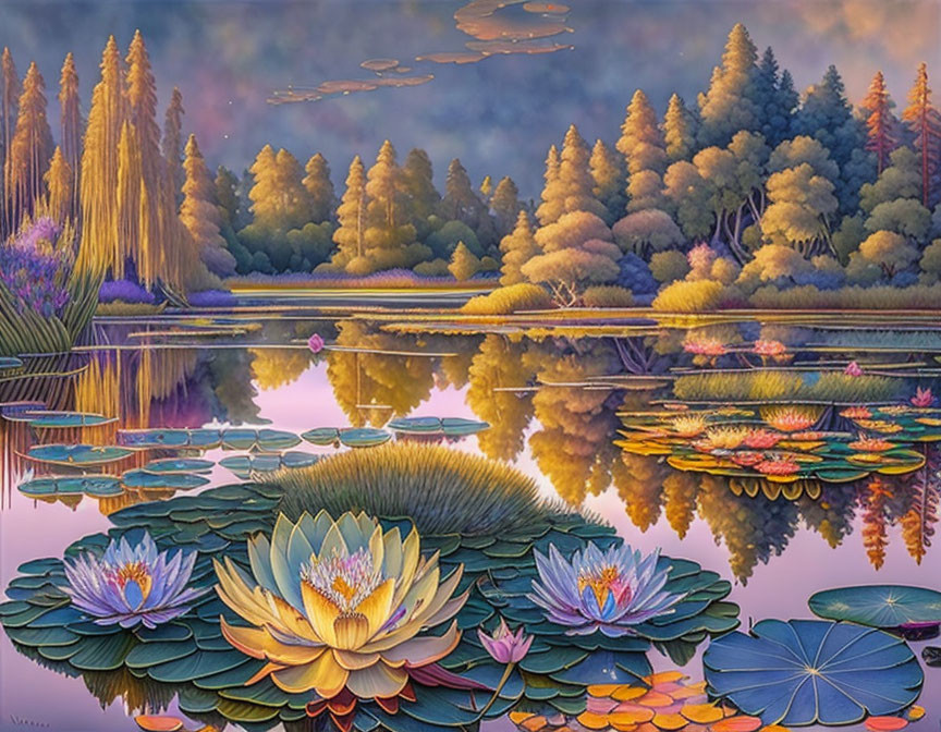 Colorful Water Lilies Painting on Tranquil Lake Amid Lush Forest