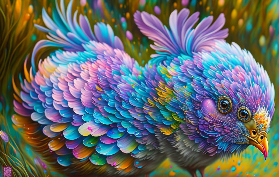 Colorful illustration of fantastical bird with iridescent feathers in blue, purple, and green